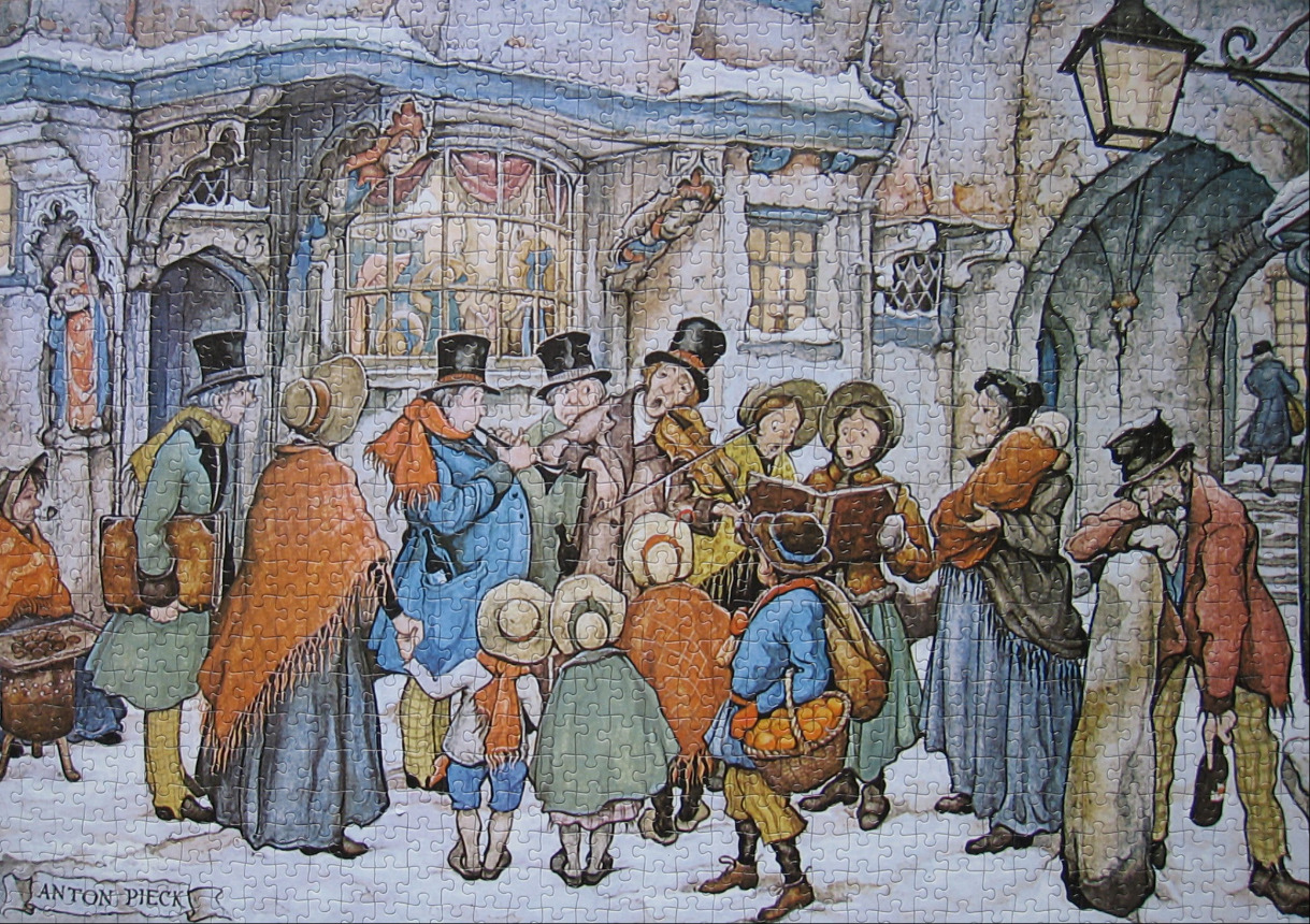 Illustration of Victorian-era carolers singing in a snow-covered European town square.
