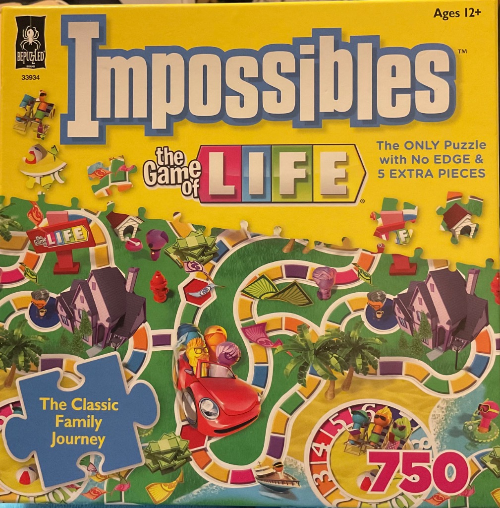A colorful board game illustration featuring a winding path, a red car, small houses, and a spinning wheel on a beach.