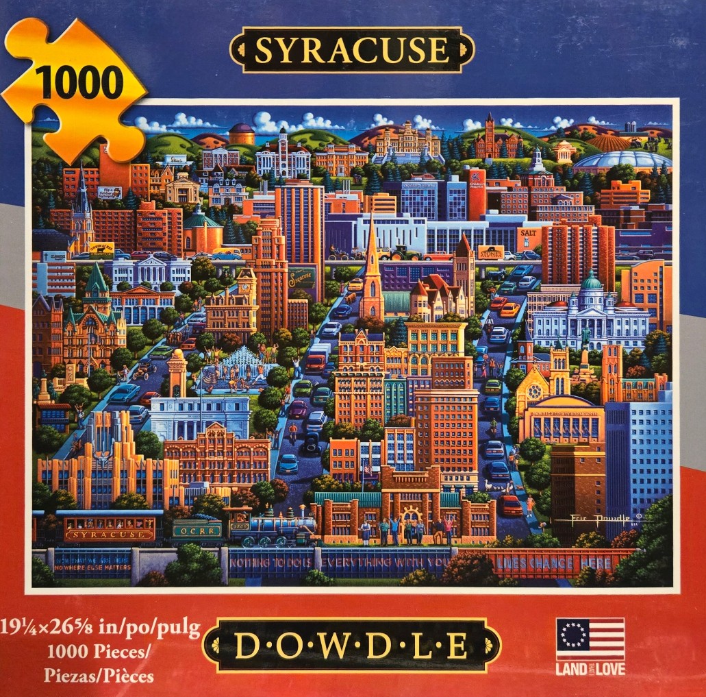A whimsical folk-art style illustration of the Syracuse city skyline with vintage trains and bustling streets.