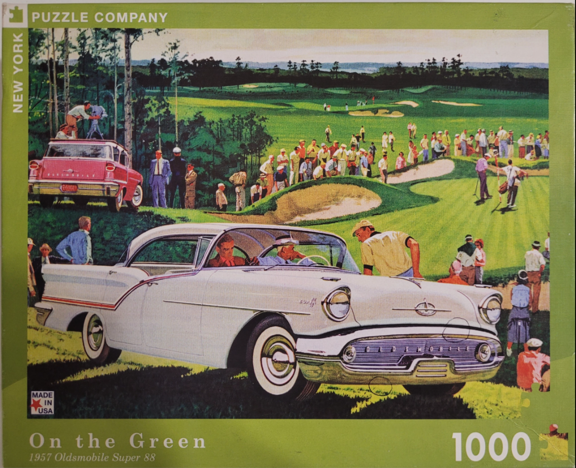 A vintage illustration of a white 1957 Oldsmobile parked on a lush golf course with spectators nearby.