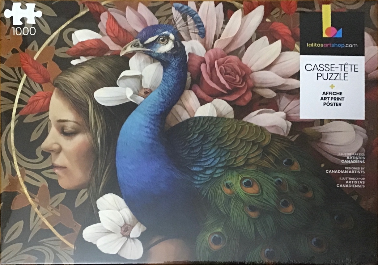 A woman's profile next to a peacock and floral arrangements in a stylized, painterly illustration.