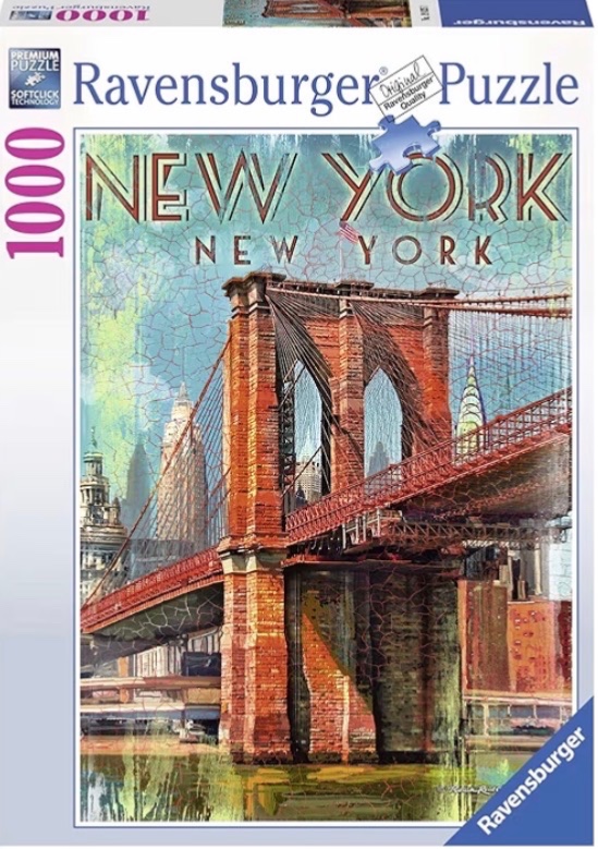 The Brooklyn Bridge set against a textured, vintage-style New York City skyline with the text NEW YORK at the top.