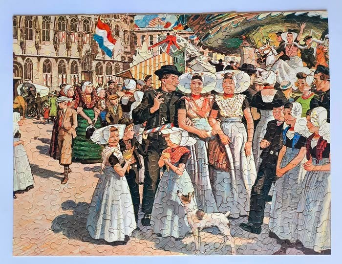 An illustration of a festive crowd in a European town square with people in traditional Dutch folk costumes.