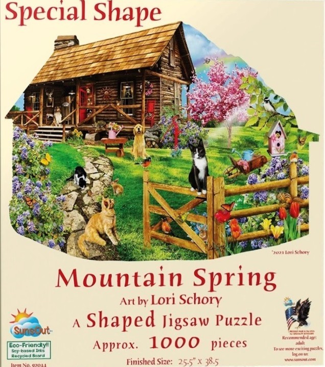 A pastoral spring scene with a log cabin, blooming trees, and several cats and dogs in a garden.