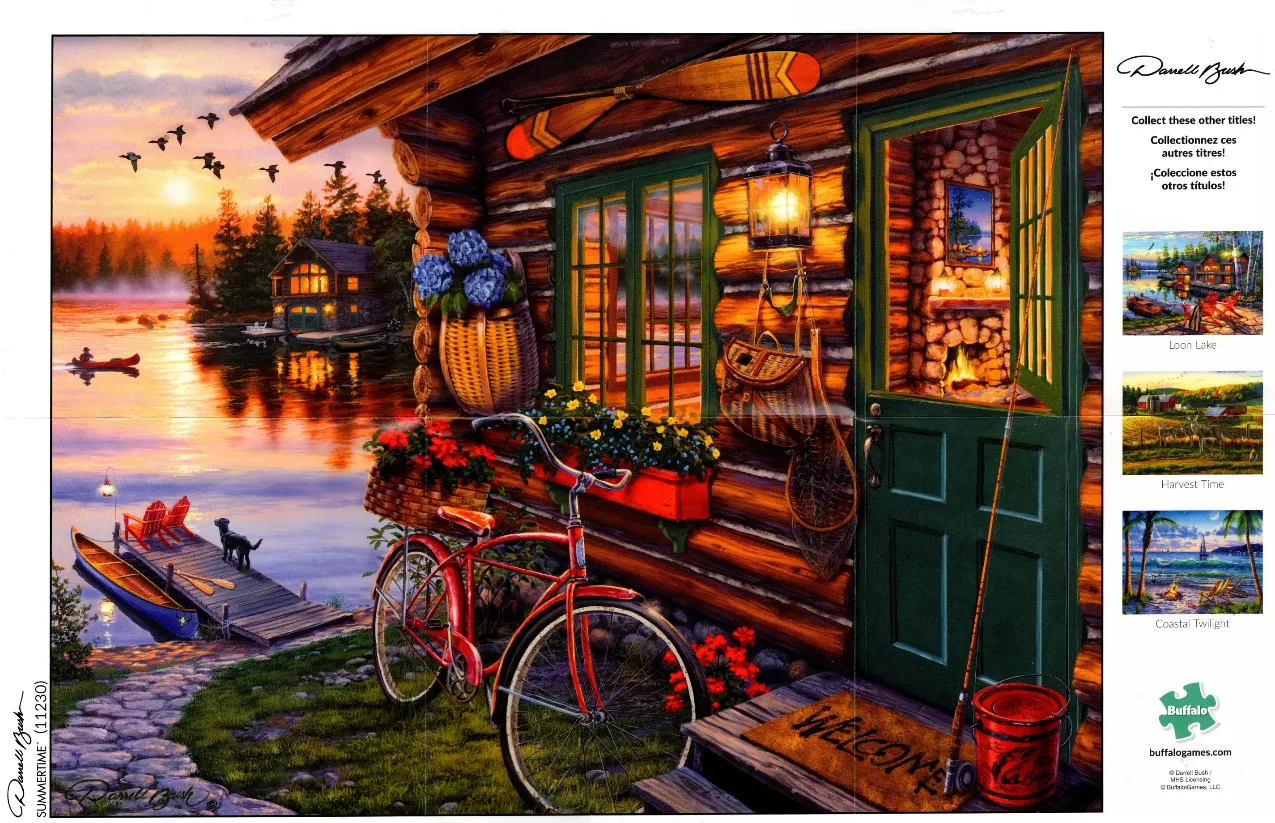 A scenic lake view from a rustic log cabin porch at sunset with a red bicycle in the foreground.