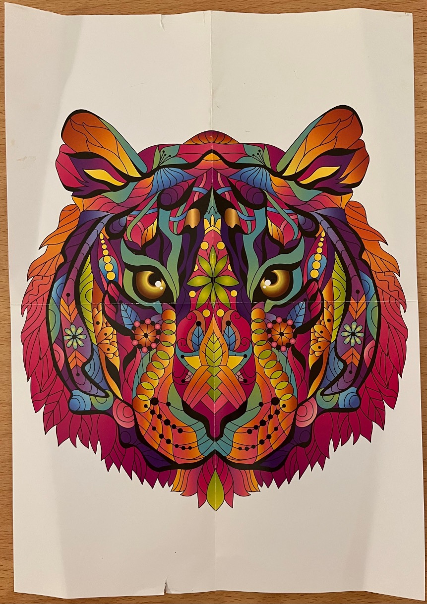 A symmetrical, colorful, and highly stylized illustration of a tiger