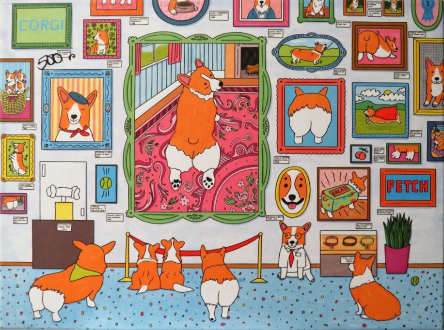 An art gallery filled with paintings of Corgis, viewed by several Corgis in the foreground.