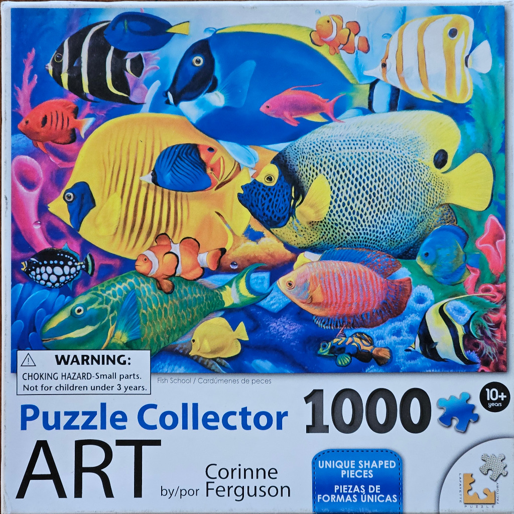 A vibrant collection of tropical fish swimming against a blue coral reef background.