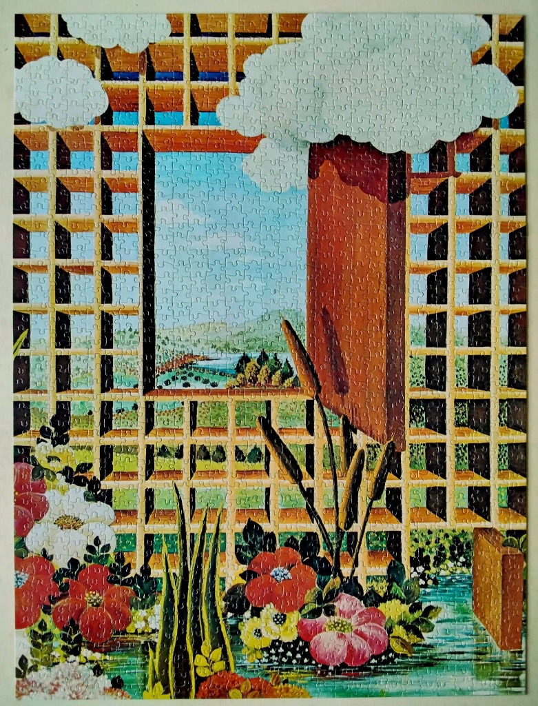 A surreal illustration of a grid-like wooden structure framing a landscape, with flowers and cattails in the foreground.