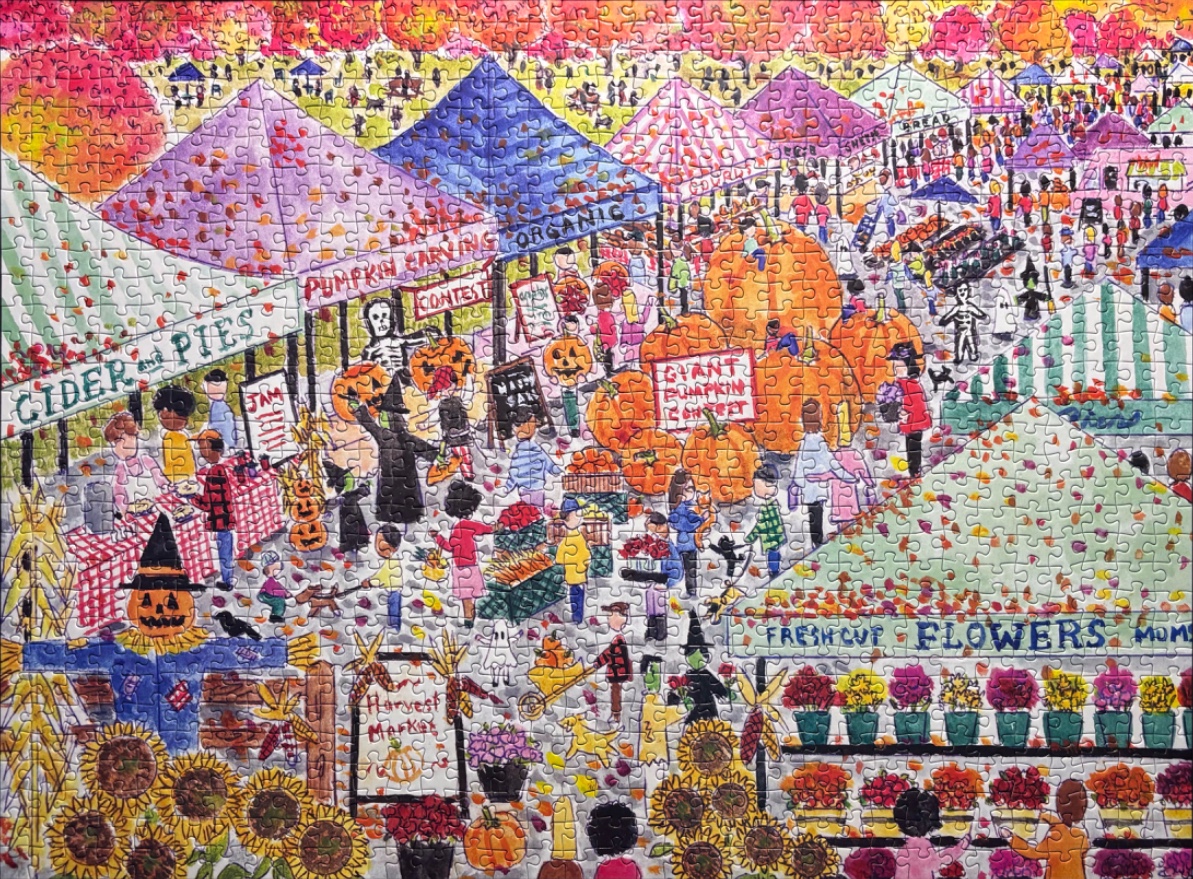An illustration of a bustling autumn pumpkin patch and harvest festival market with colorful stalls and crowds.