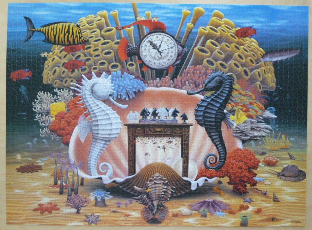 A surreal underwater scene with two seahorses playing chess inside a giant seashell.