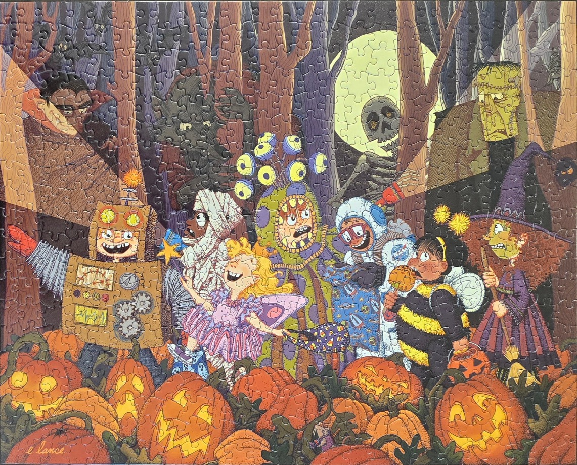 A group of children in Halloween costumes standing in a pumpkin patch in a spooky forest with classic movie monsters.