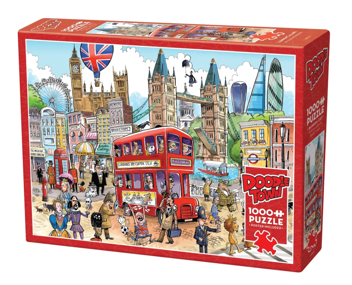Cartoon illustration of famous London landmarks and characters, including a red bus and the Tower Bridge.