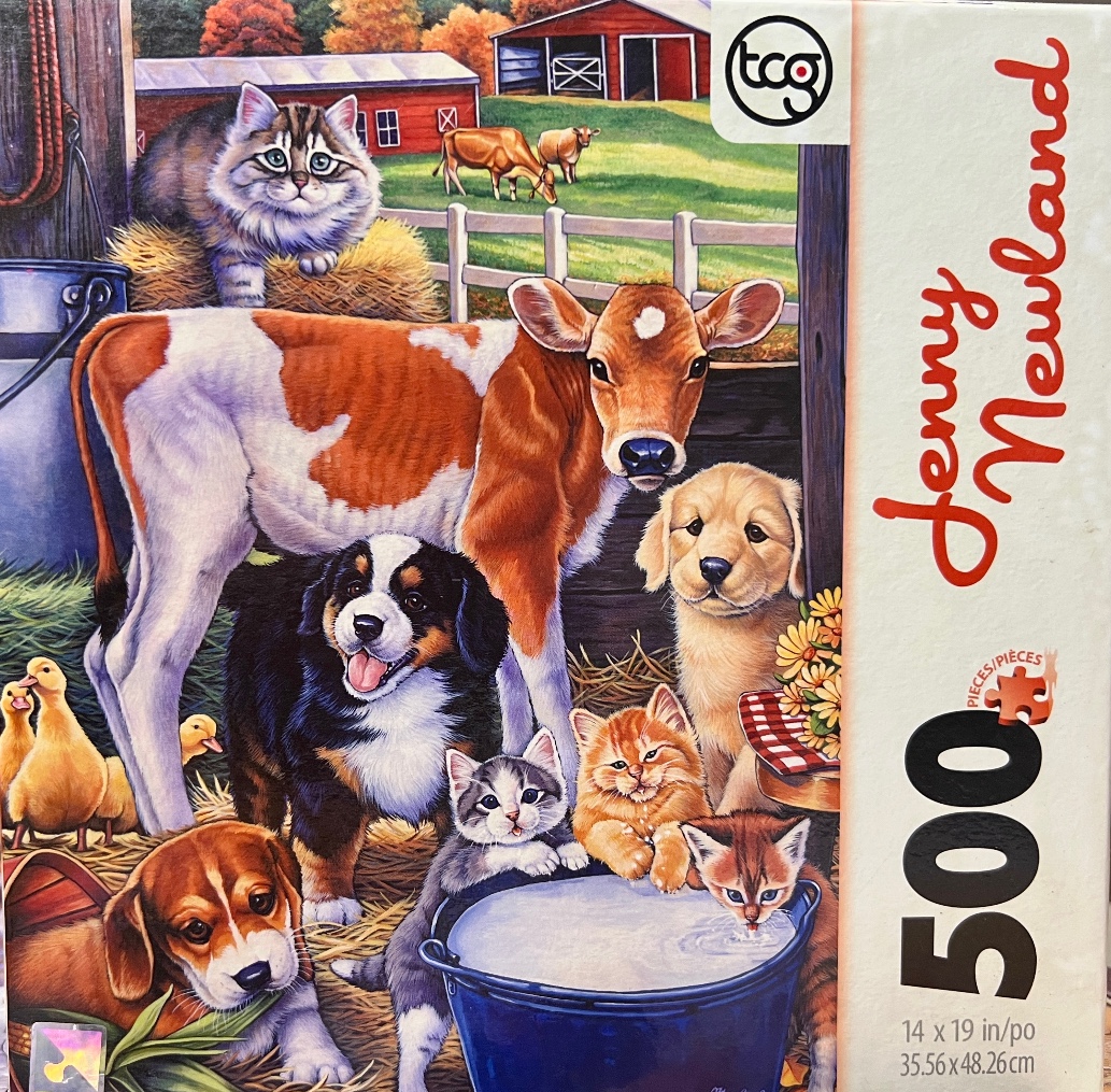 A group of diverse farm animals and pets gathered together in a barn scene.