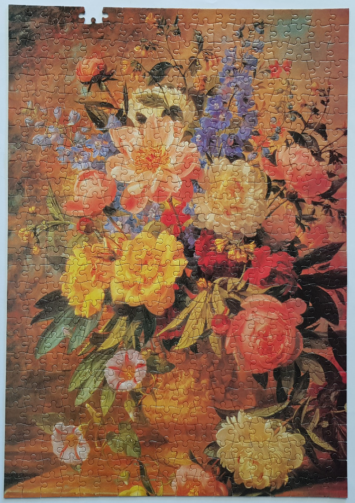 A lush classical oil painting style still life of blooming peonies and blue delphiniums in warm autumn tones.