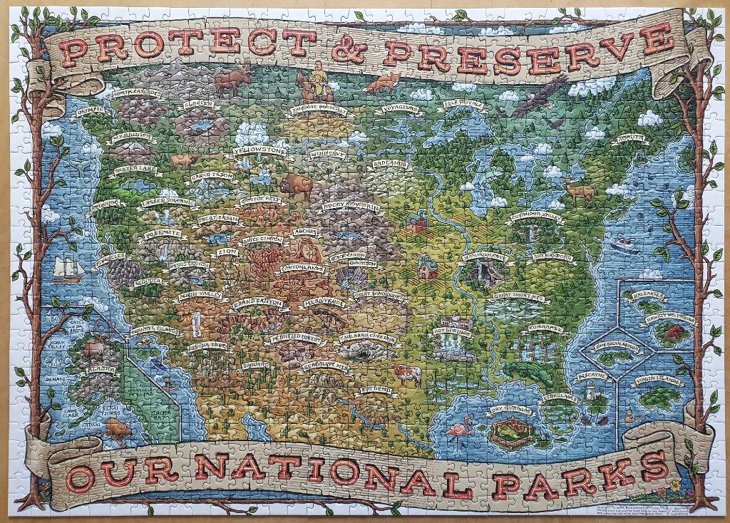 Illustrated map of United States National Parks with the title Protect & Preserve Our National Parks.