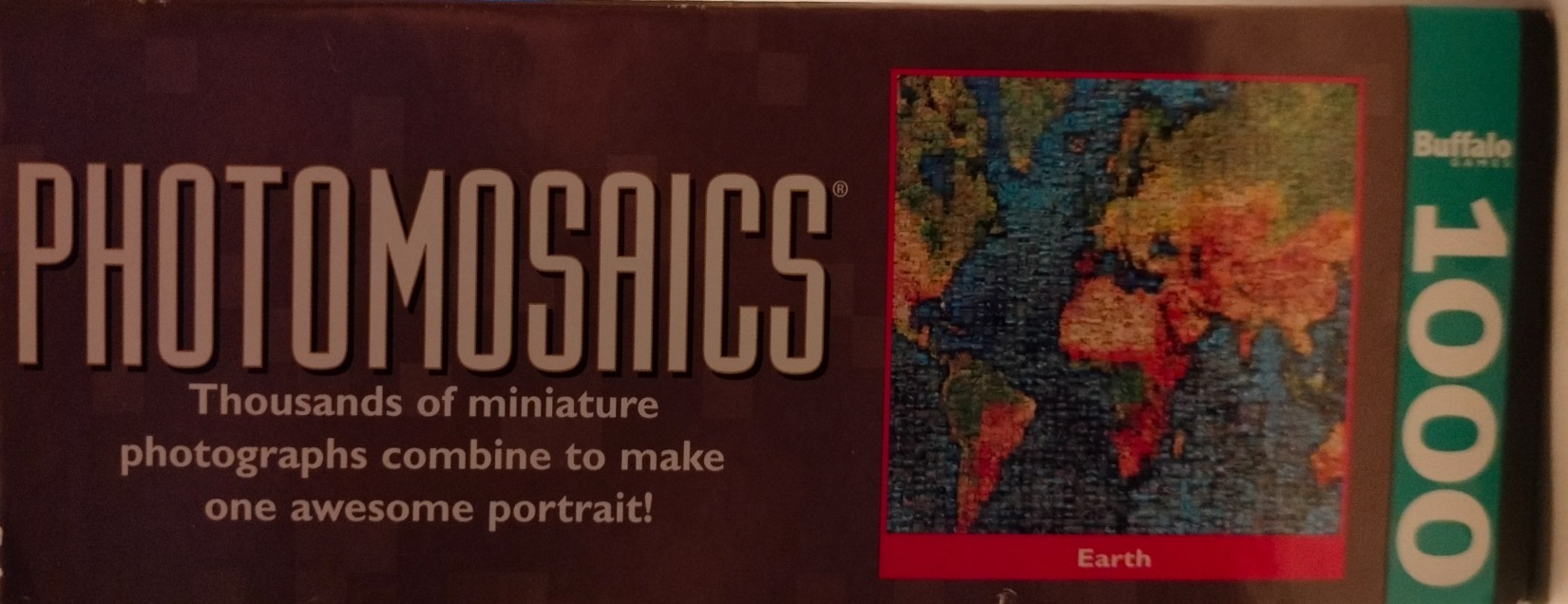 A photomosaic image of a world map made from thousands of tiny individual photographs.