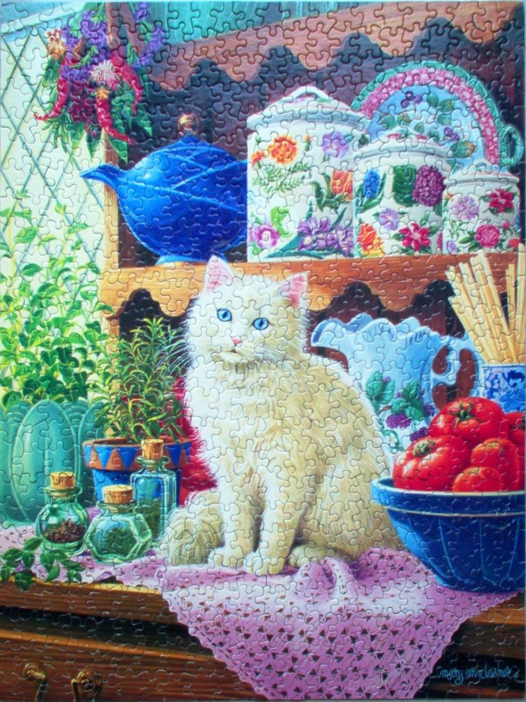 A white fluffy cat sits on a counter in a kitchen filled with herbs, floral canisters, and tomatoes.