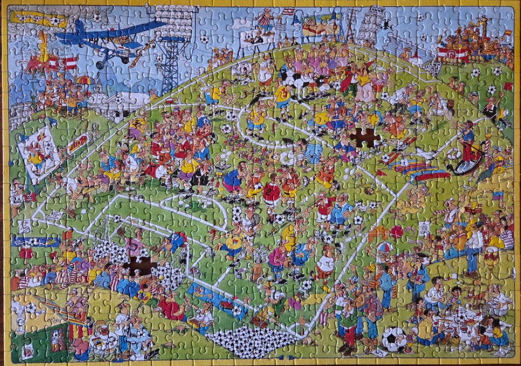 Humorous cartoon illustration of a chaotic soccer match played on a hilly field with many spectators.