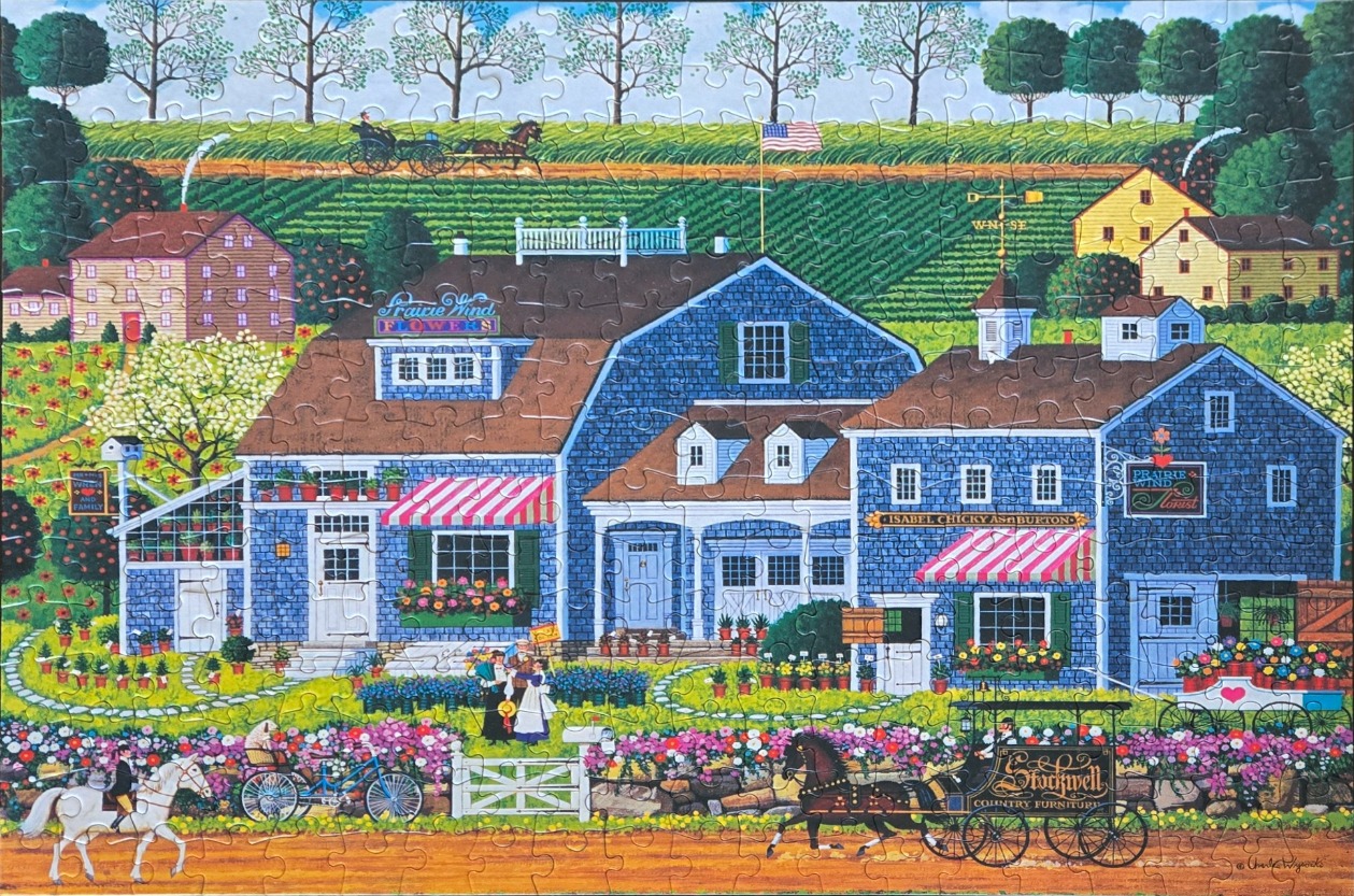 A charming folk art illustration of a blue country flower shop with horse-drawn carriages in the foreground.