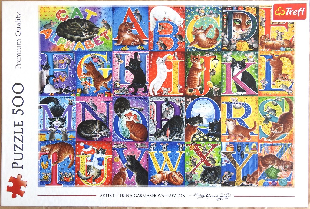 A whimsical illustrated alphabet grid featuring cats and mice for every letter.