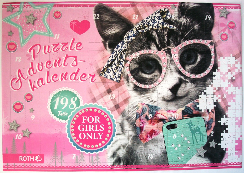 An advent calendar illustration featuring a cat wearing glasses and a bowtie on a pink background.
