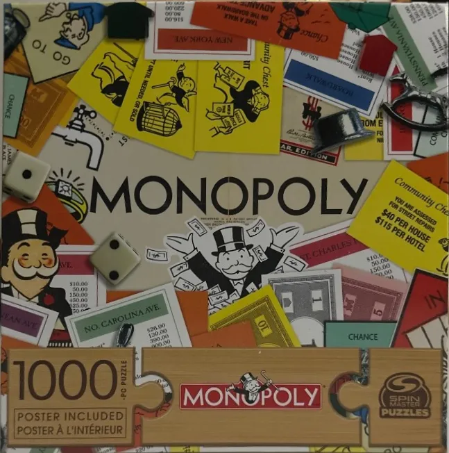 A collage of classic Monopoly board game cards, money, pieces, and the mascot Rich Uncle Pennybags.