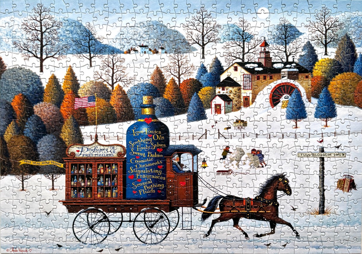 A horse-drawn wagon selling perfumes travels through a snow-covered village landscape.
