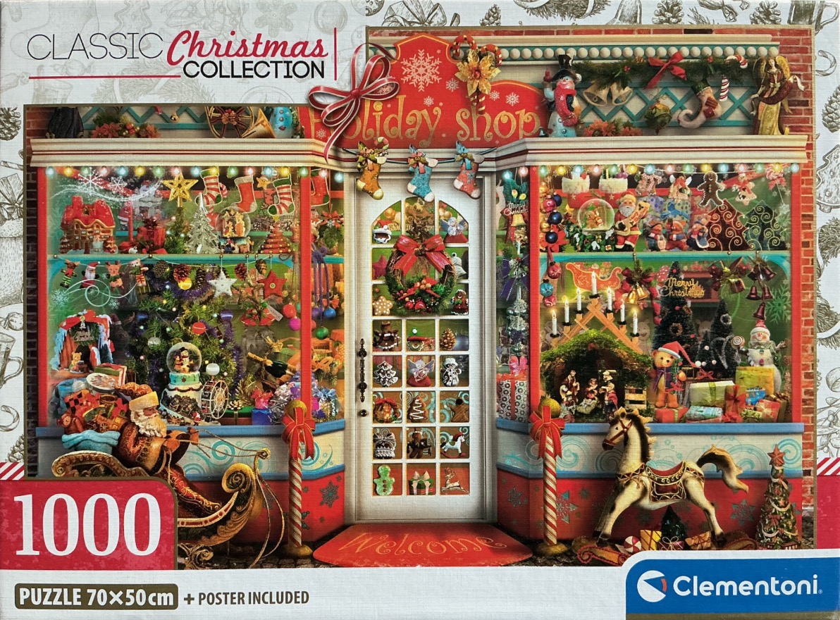 A detailed illustration of a cozy shop window decorated for Christmas, featuring a Santa figure and a rocking horse.