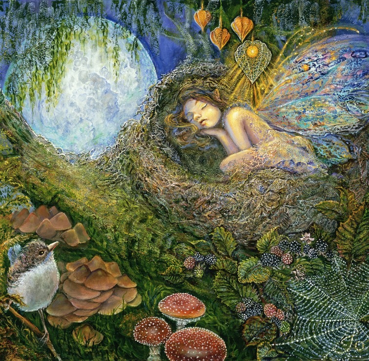 A fairy sleeps in a mossy nest under a glowing moon, surrounded by forest flora and a small bird.