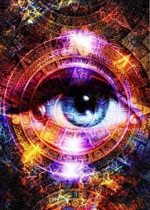 A close-up of a human eye layered over an intricate, glowing Mayan calendar design against a cosmic, nebular background.