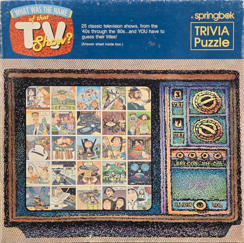 Illustration of a vintage television screen displaying a 5x5 grid of cartoon vignettes representing classic TV shows.