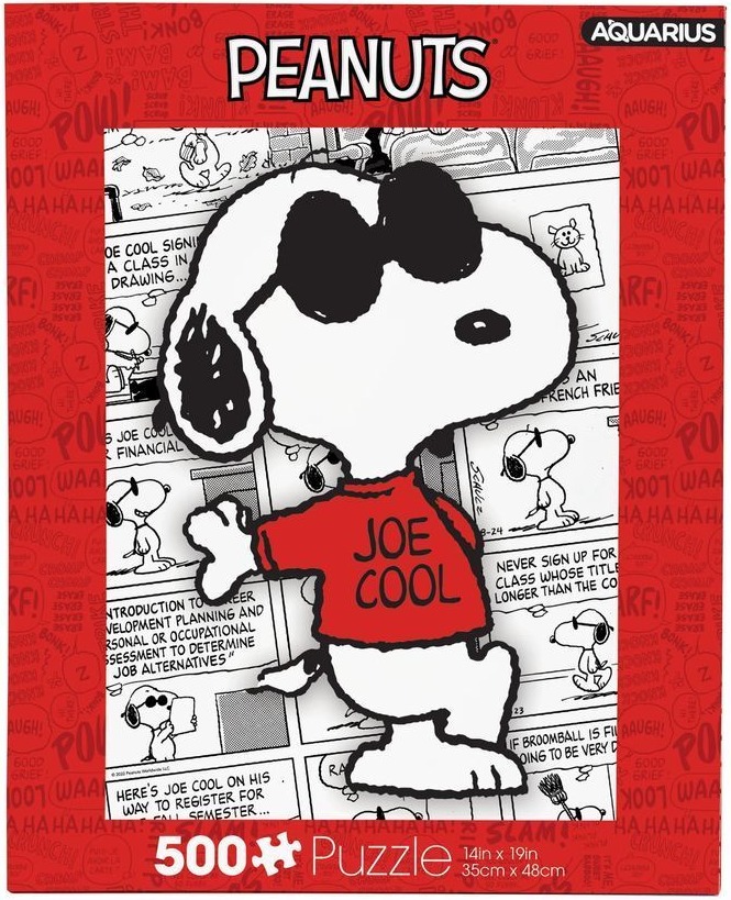 Snoopy as Joe Cool wearing sunglasses and a red sweater against a background of Peanuts comic strip panels.