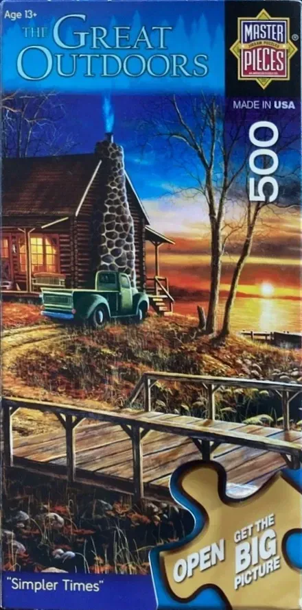 A nostalgic painting of a log cabin at sunset with a vintage green pickup truck parked out front.
