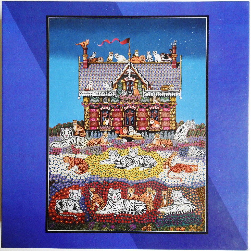 Whimsical illustration of a house covered in various wild cats and tigers in a field of flowers under a night sky.