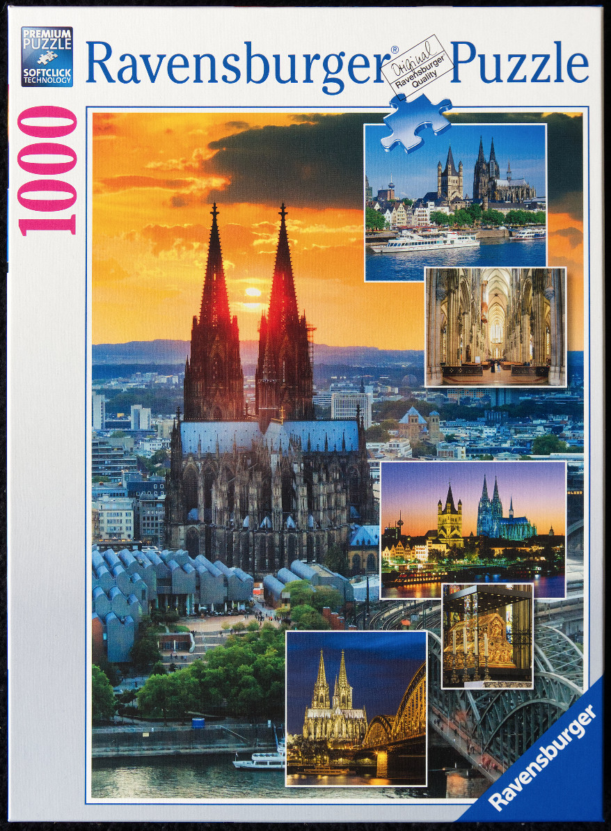 Photographic collage of the Cologne Cathedral in Germany at various times of day and from different perspectives.