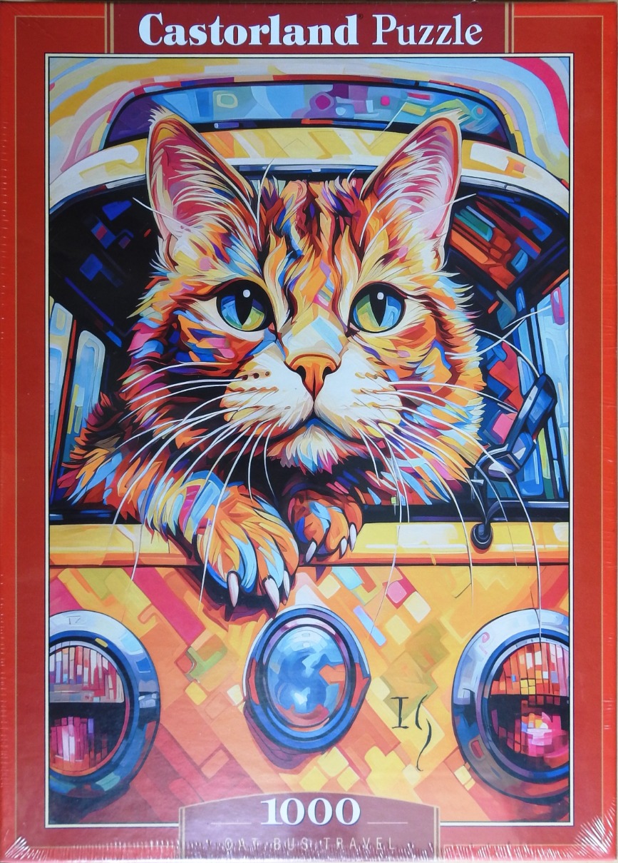 An illustration of an orange tabby cat looking out the window of a yellow vintage bus in a vibrant, stylized art style.