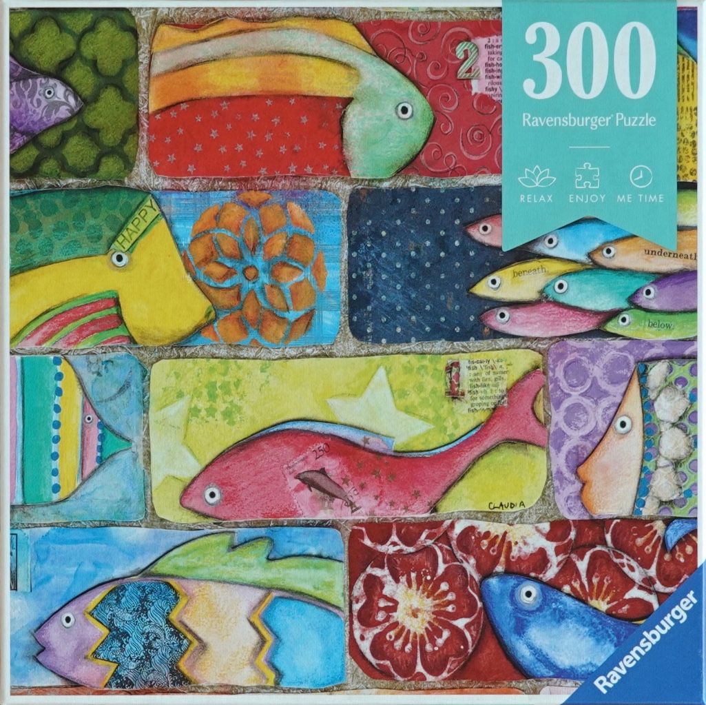 A whimsical collage of stylized, colorful fish arranged in rectangular panels like a patchwork quilt.