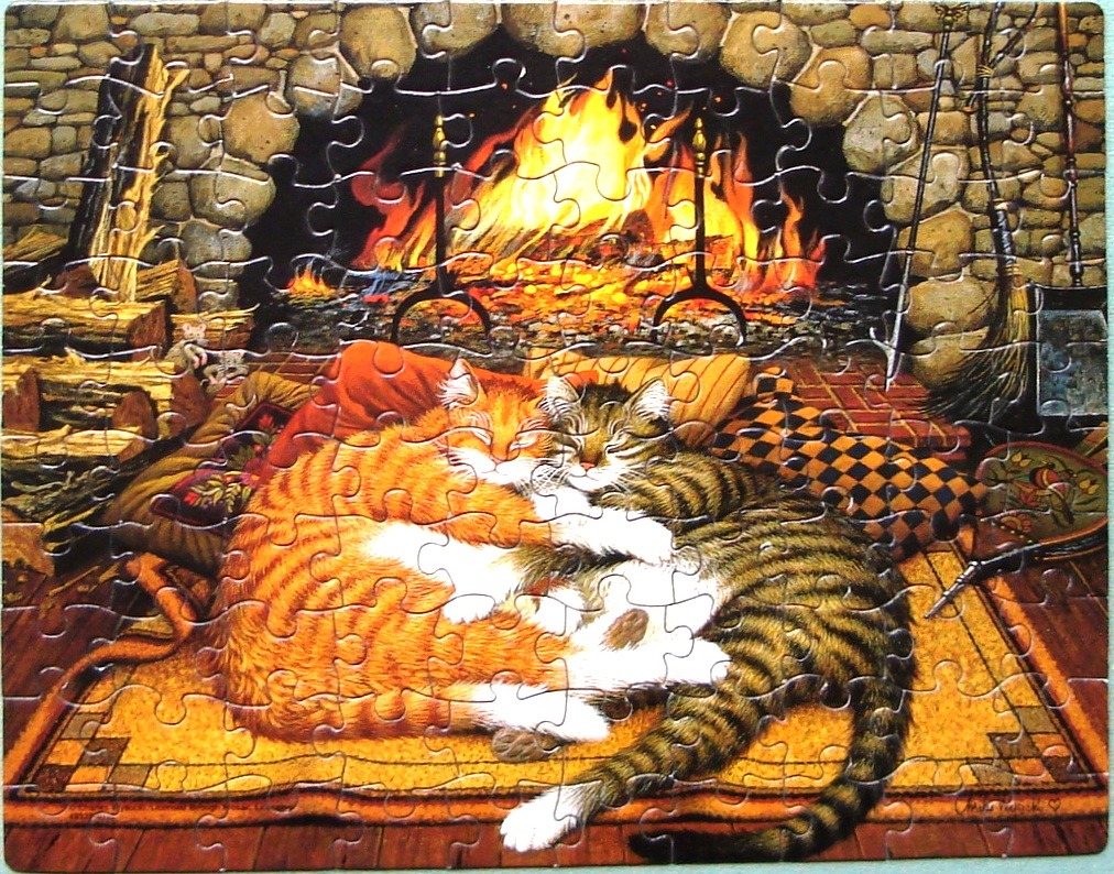 Two cats cuddling on a rug in front of a fireplace