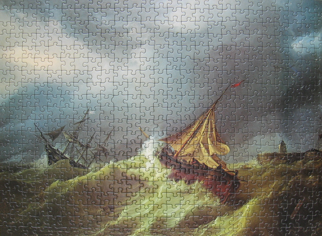 An oil painting of a storm-tossed sailing ship near a rocky coastline.