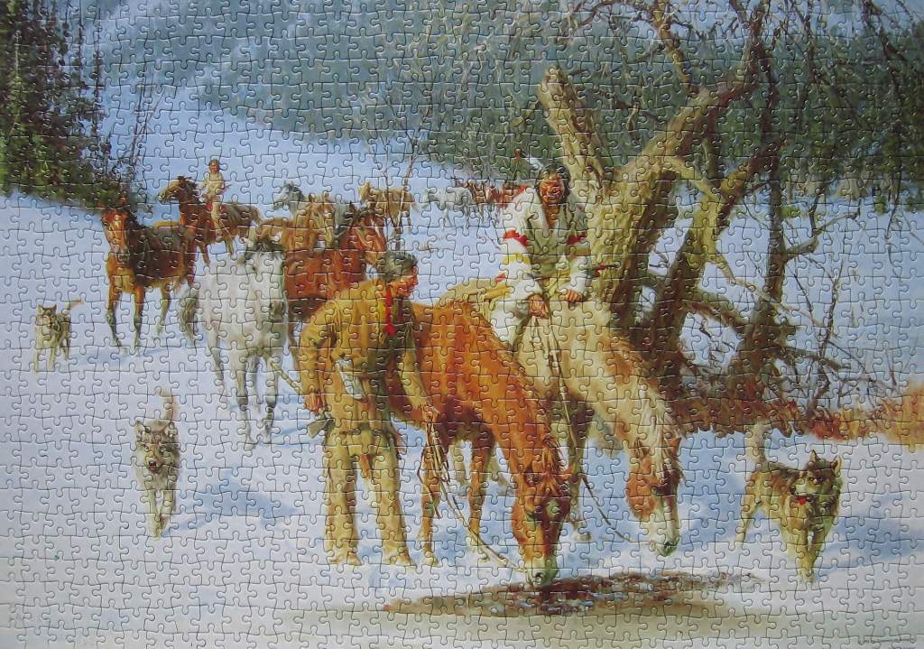A painting of Indigenous men on horseback and sled dogs traveling through a snowy, wooded landscape.