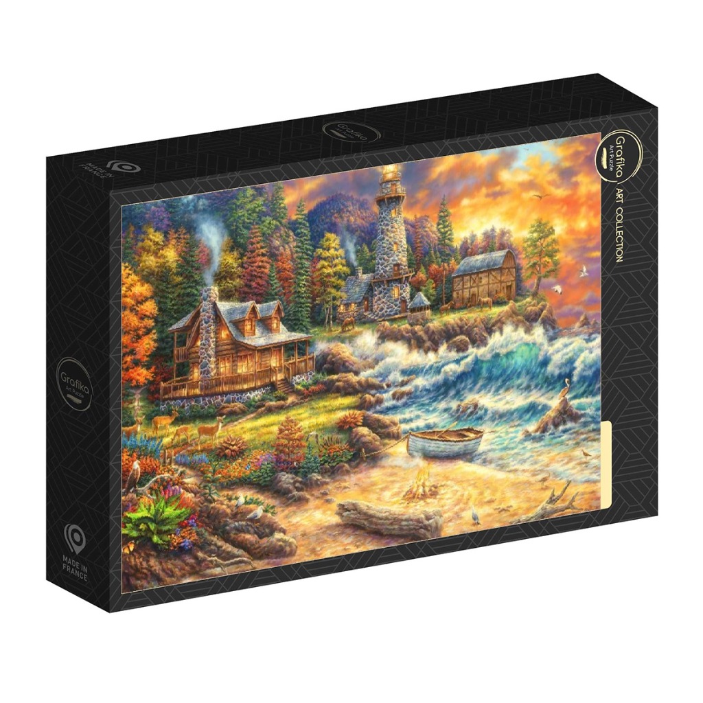 Coastal scene with a log cabin, a stone lighthouse, and deer at sunset