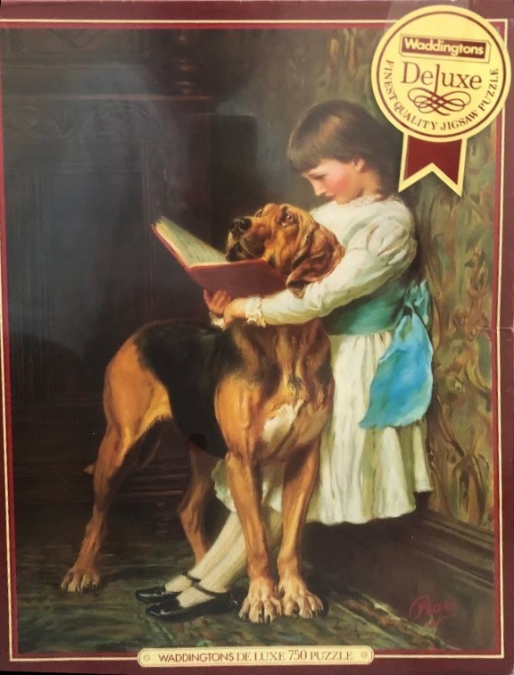 A Victorian-style painting of a young girl in a white dress reading a book to a large hound dog.