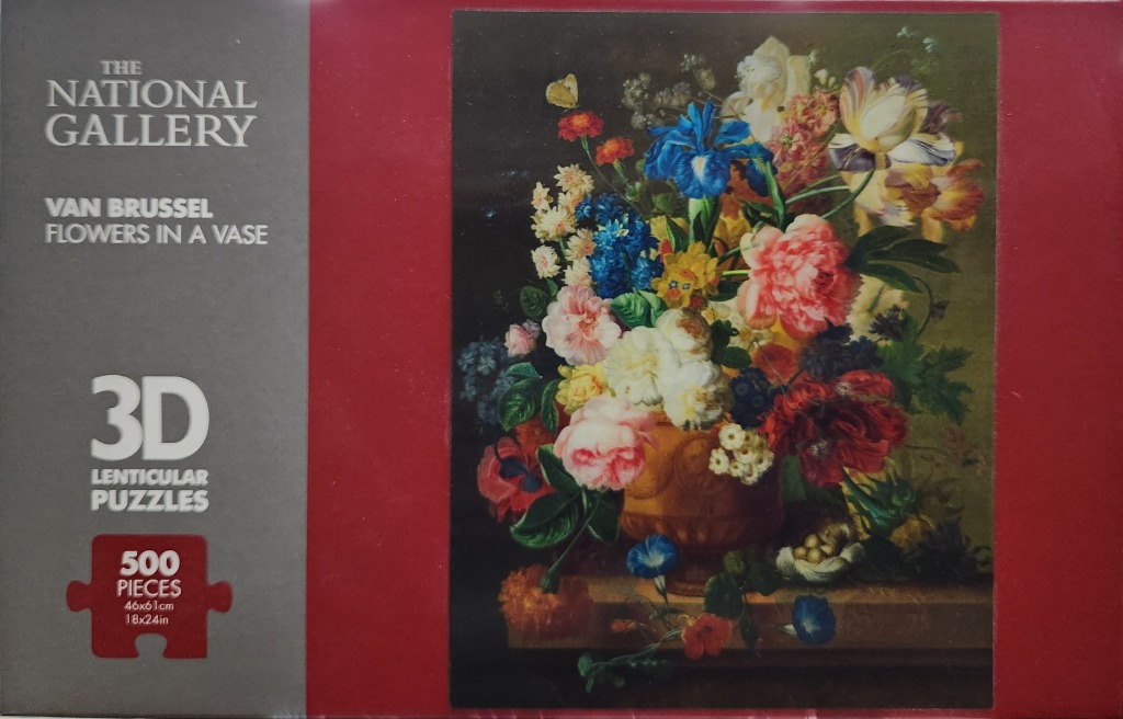 A lush, detailed oil painting of a vibrant flower bouquet in a vase on a stone ledge.