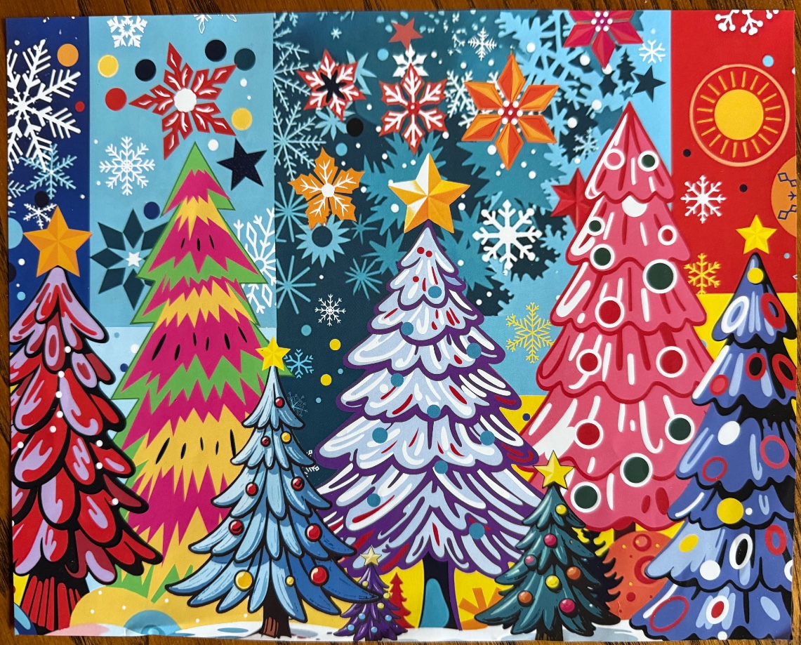A whimsical illustration of a colorful forest of stylized Christmas trees against a patterned, multi-colored background.