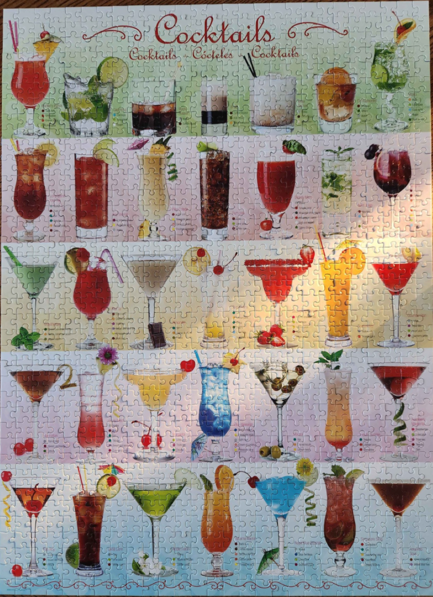 A grid of 30 classic cocktail illustrations with their names and ingredients written in English, Spanish, and French.