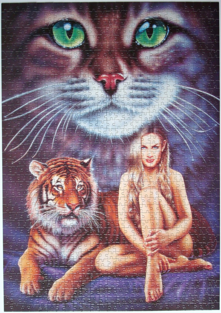 An illustration of a large cat face looming over a woman sitting beside a tiger against a purple background.