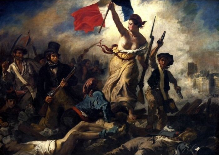 A female figure holding the French tricolor flag leads a group of revolutionaries over a barricade of bodies.