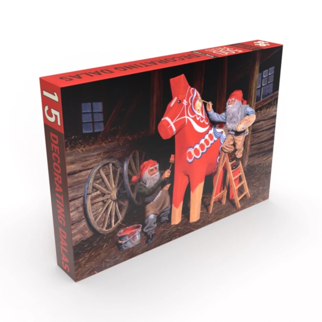 Two gnomes painting a large red Dala horse inside a rustic wooden barn