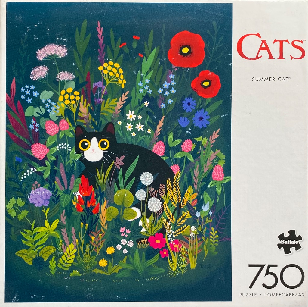 Illustration of a black and white tuxedo cat peeking out from a dense, colorful summer meadow of wildflowers.